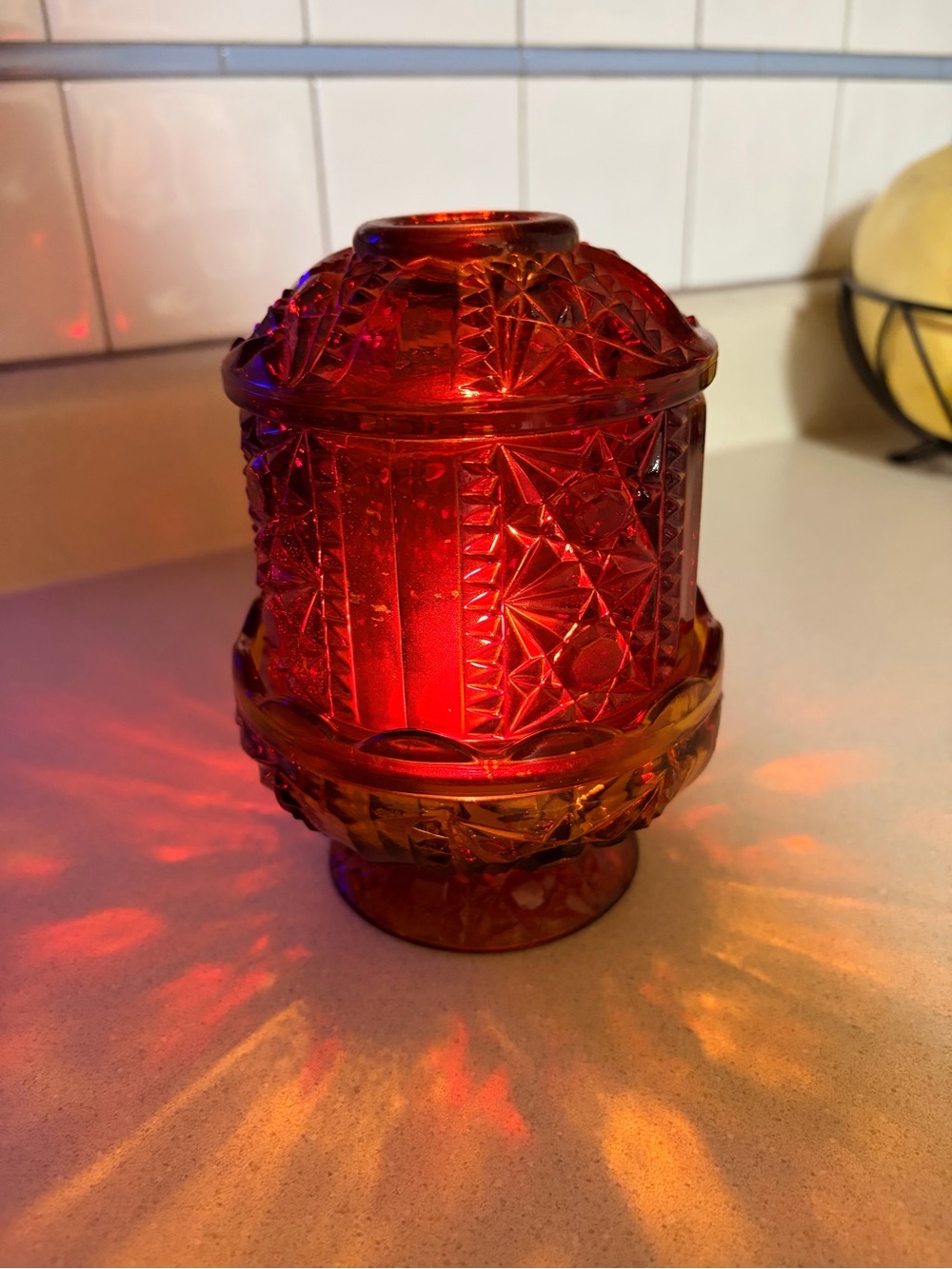 Vintage Indiana Glass Large Ruby Red Stars & Bars Fairy Lamp